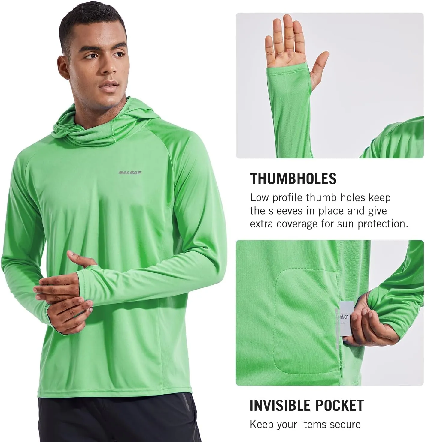 baleaf Men's Sun Protection Hoodie Shirt UPF 50  Long Sleeve UV SPF T-Shirts with Mask Rash Guard Fishing Lightweight
