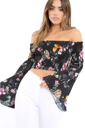 Black Floral Shirred Flared Sleeve Top - Jaasia Black Floral Shirred Flared Sleeve Top - Jaasia