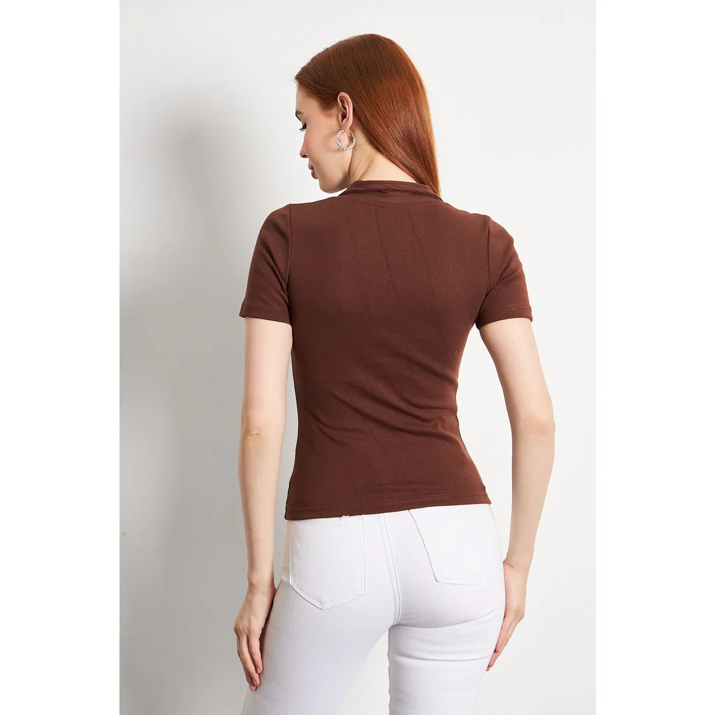 Brown Button Down Collar Top