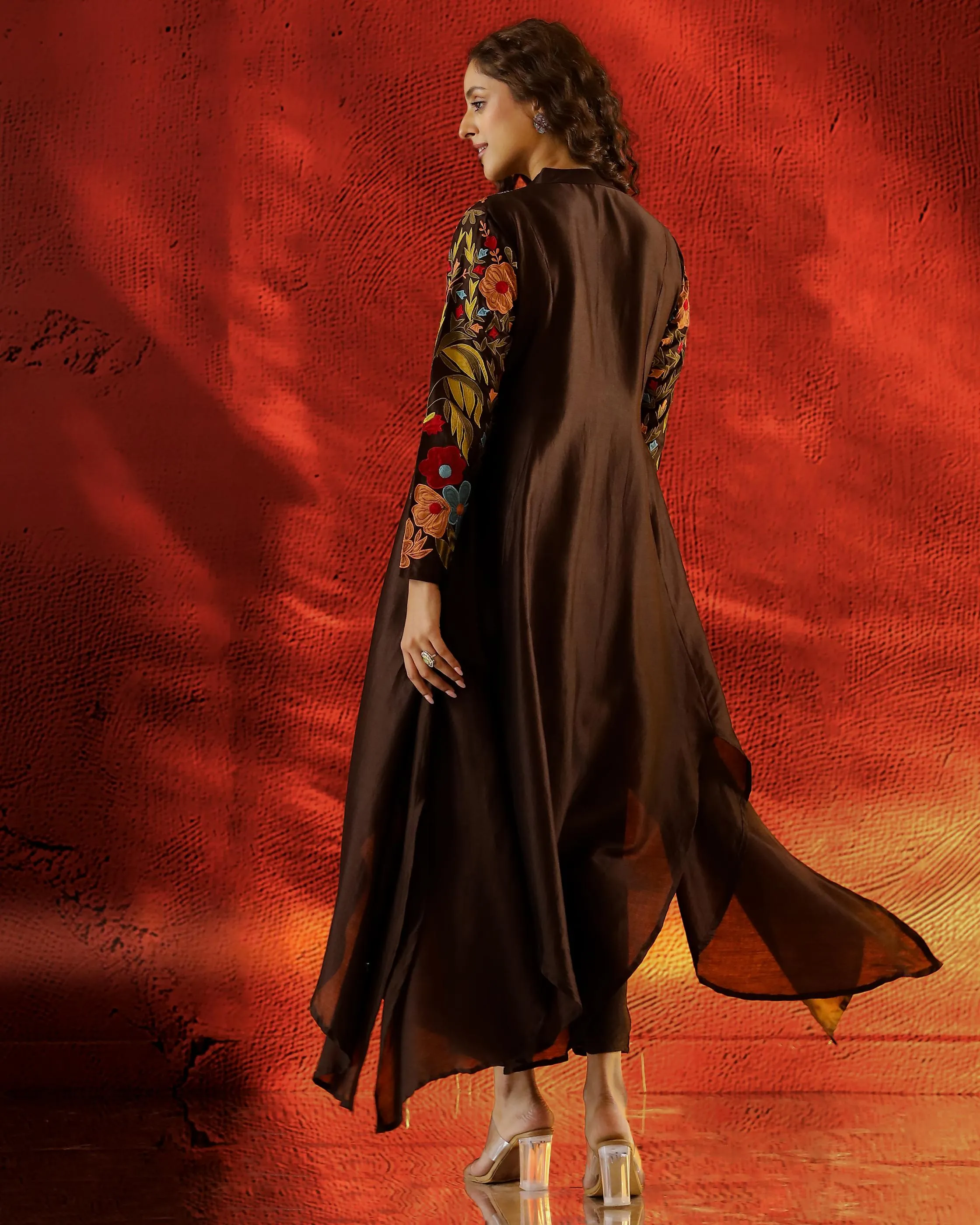 Brown Embroidered Raw Silk Kurta Set