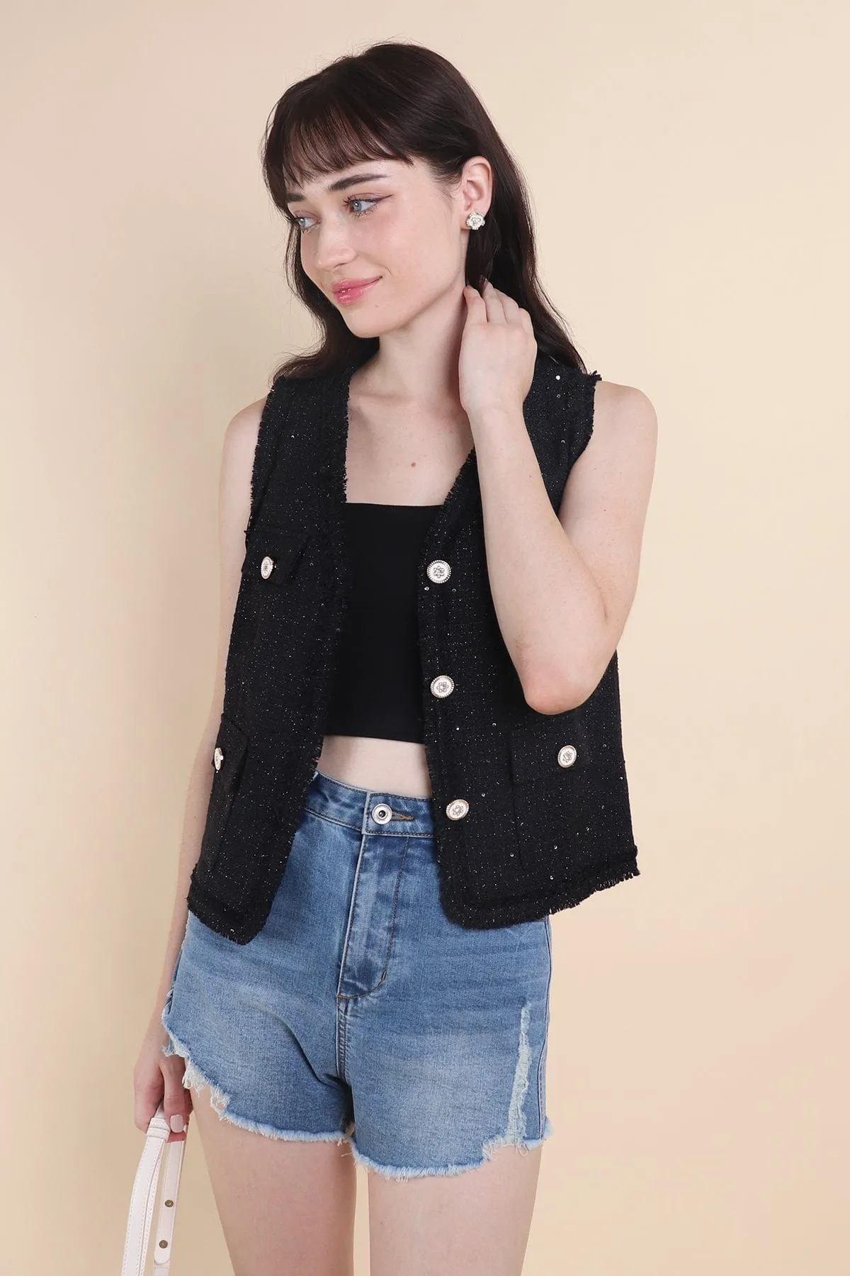 CAMILLE TWEED VEST IN BLACK
