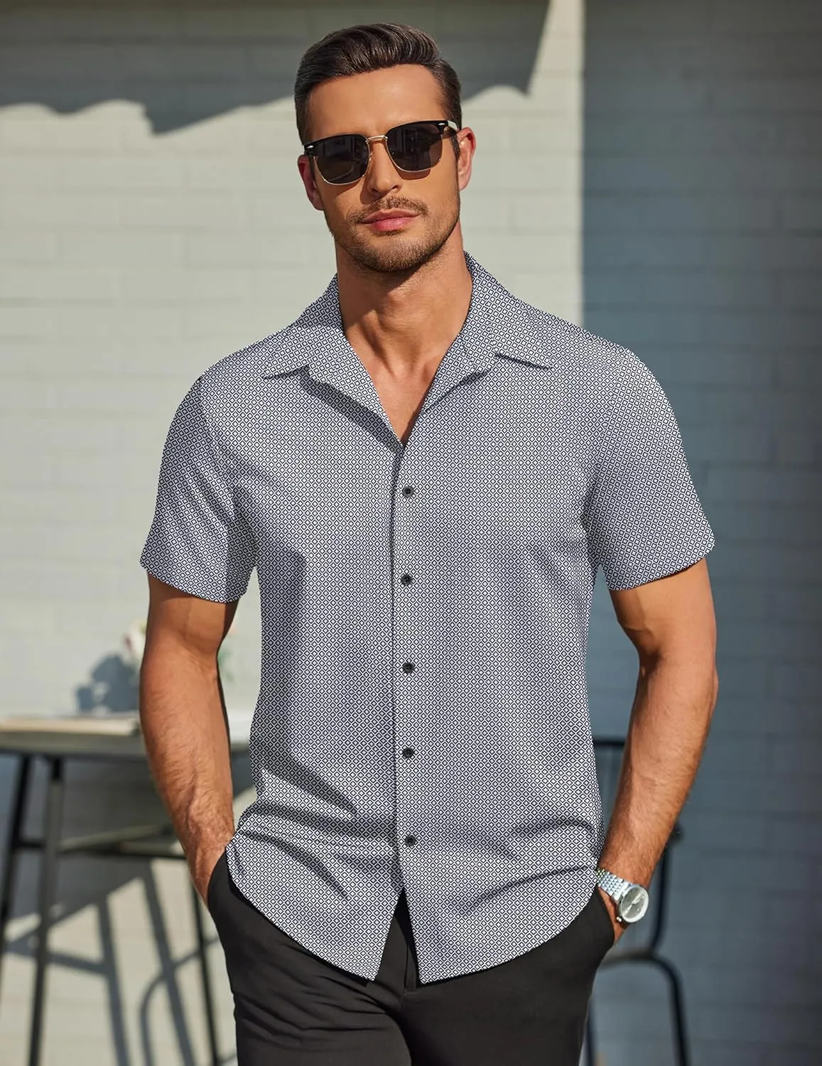 COOFANDY Mens Wrinkle Free Dress Shirt Polka Dot Short Sleeve Button Down Business Casual Shirts