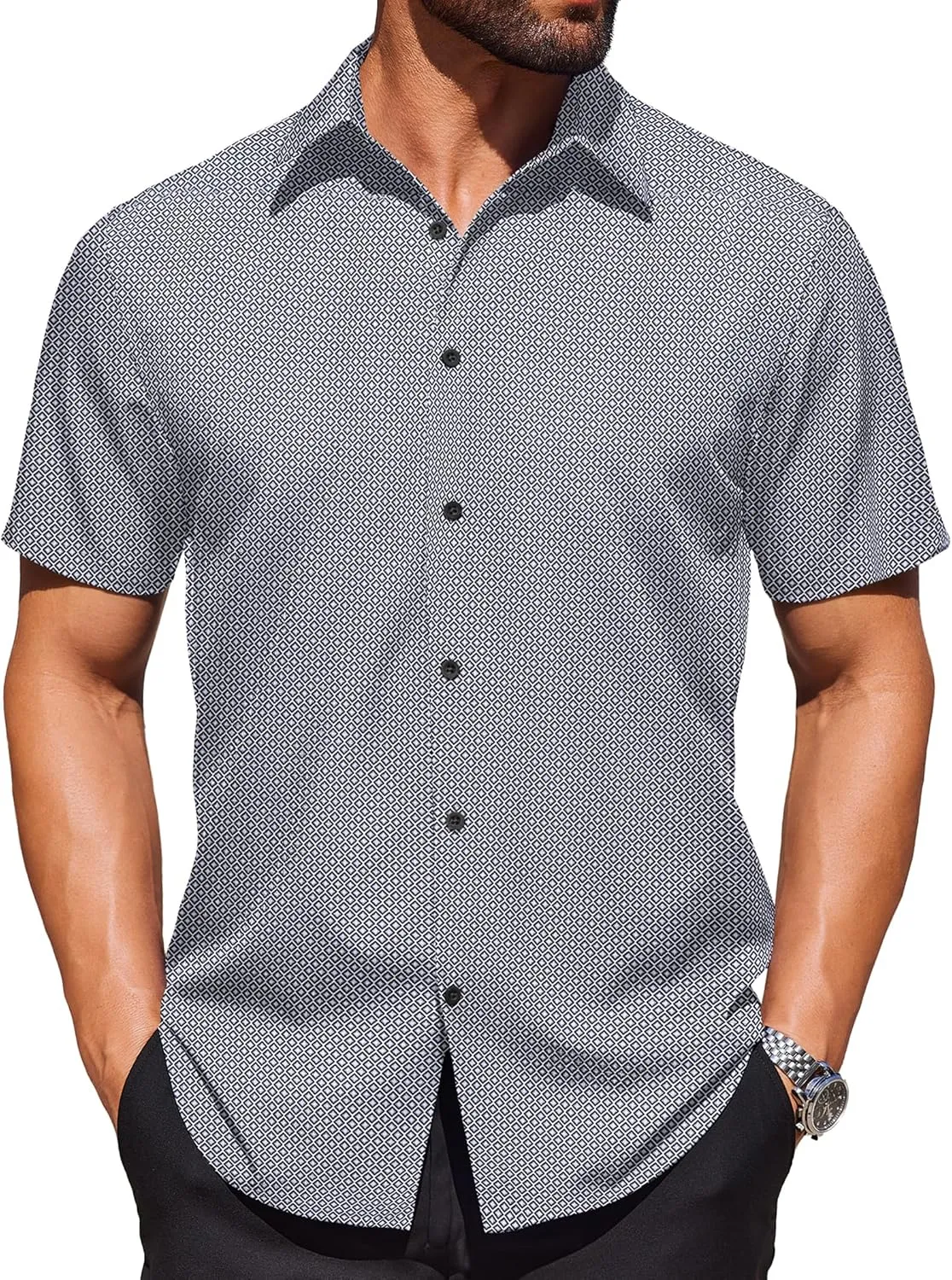 COOFANDY Mens Wrinkle Free Dress Shirt Polka Dot Short Sleeve Button Down Business Casual Shirts
