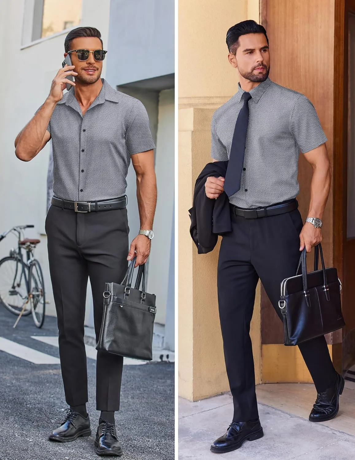 COOFANDY Mens Wrinkle Free Dress Shirt Polka Dot Short Sleeve Button Down Business Casual Shirts