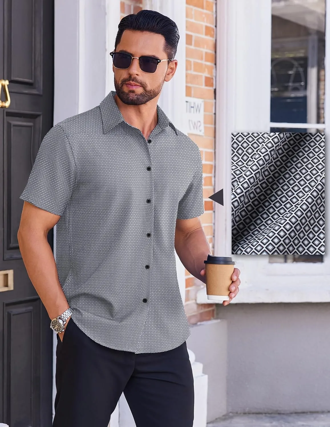 COOFANDY Mens Wrinkle Free Dress Shirt Polka Dot Short Sleeve Button Down Business Casual Shirts