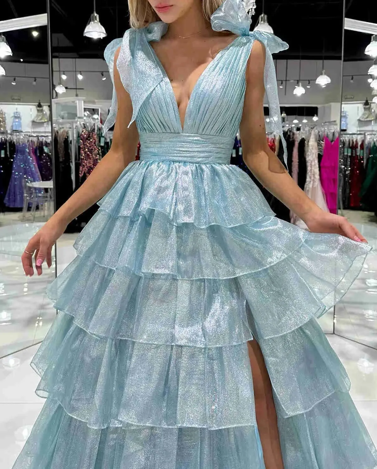 Fairy Ball Gown V Neck Pink Tiered Organza Long Prom Dress
