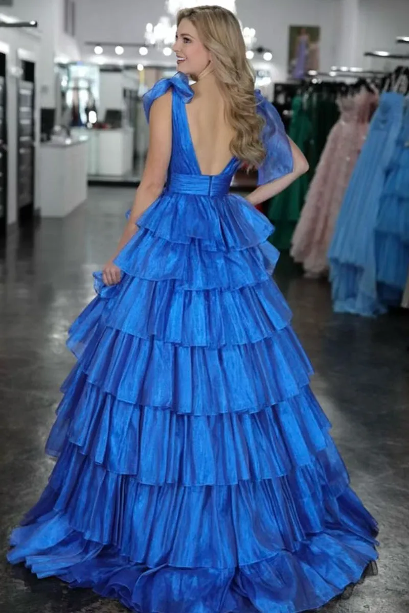 Fairy Ball Gown V Neck Pink Tiered Organza Long Prom Dress