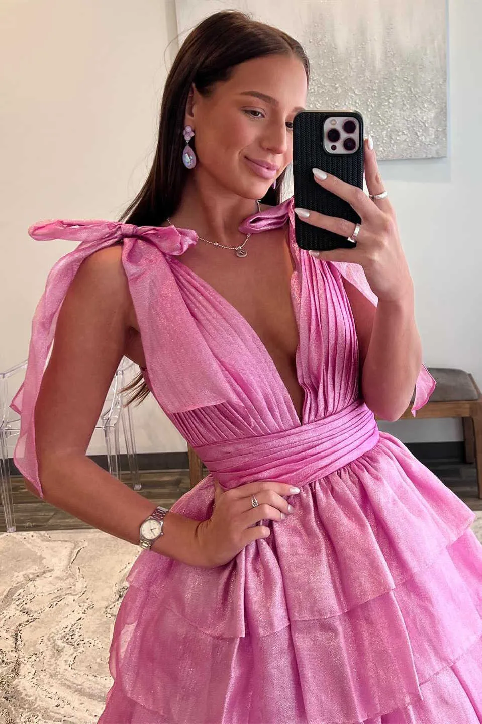 Fairy Ball Gown V Neck Pink Tiered Organza Long Prom Dress