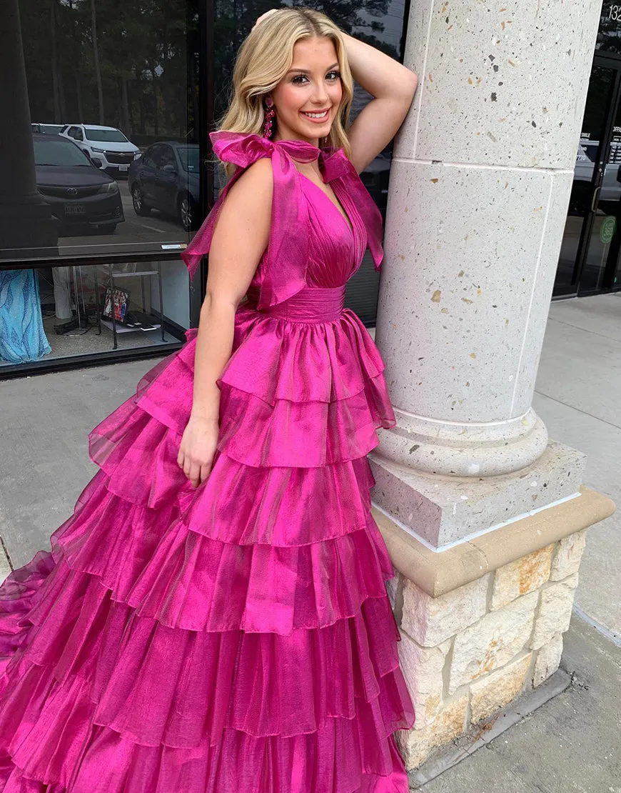Fairy Ball Gown V Neck Pink Tiered Organza Long Prom Dress