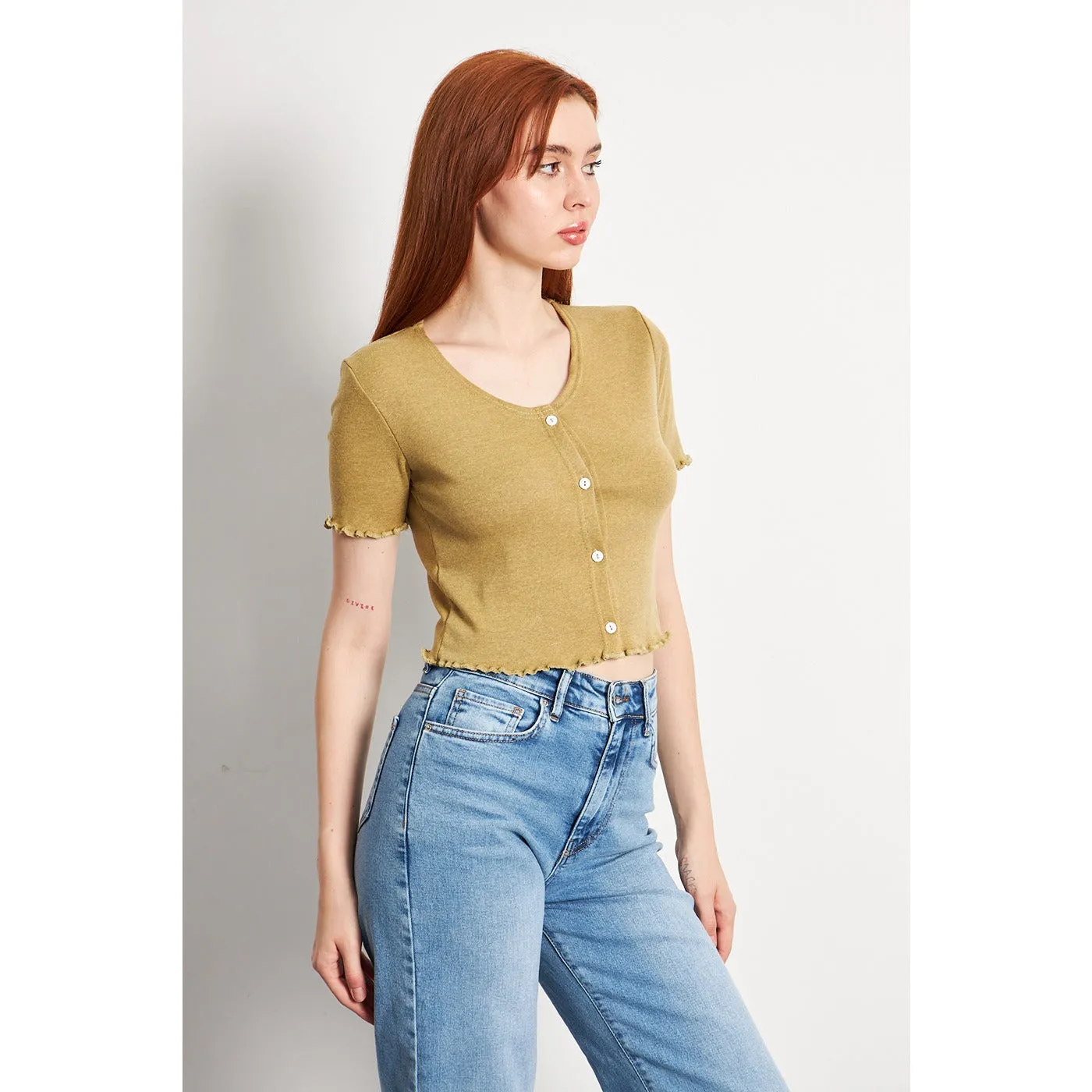 Green Melange Button Down Crop Top