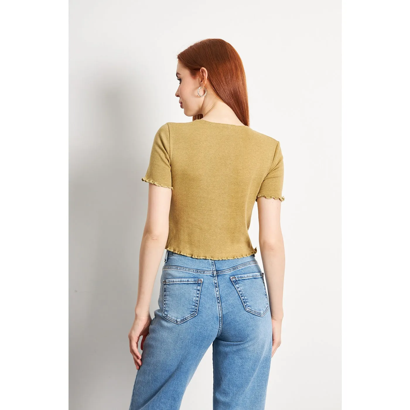 Green Melange Button Down Crop Top