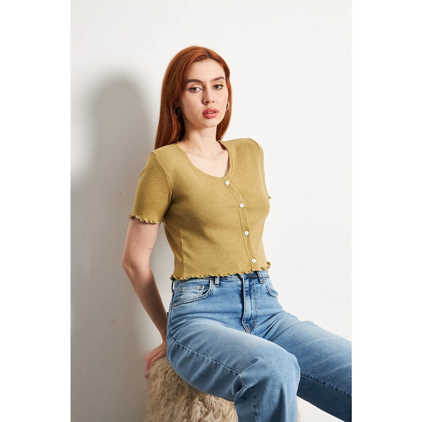 Green Melange Button Down Crop Top