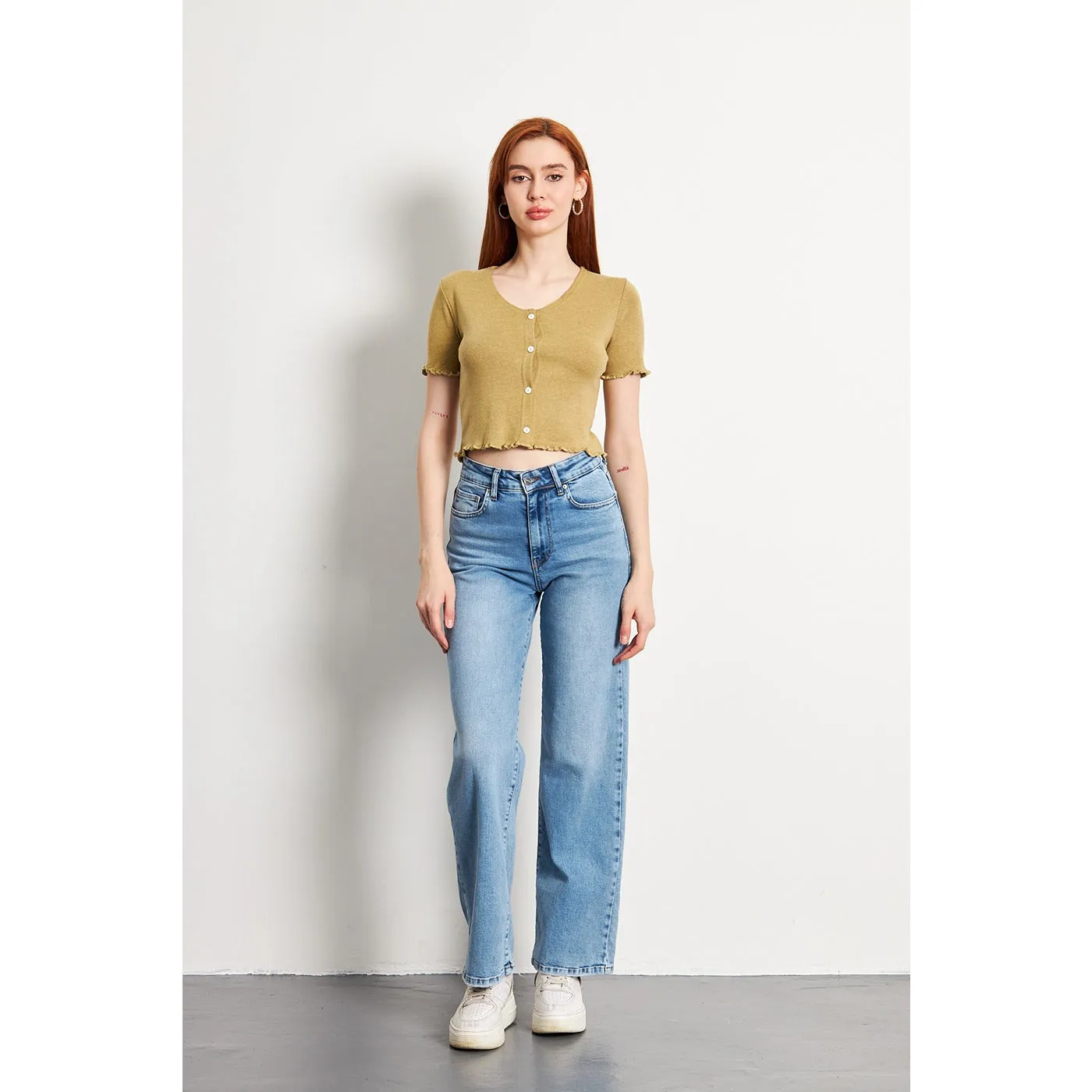 Green Melange Button Down Crop Top
