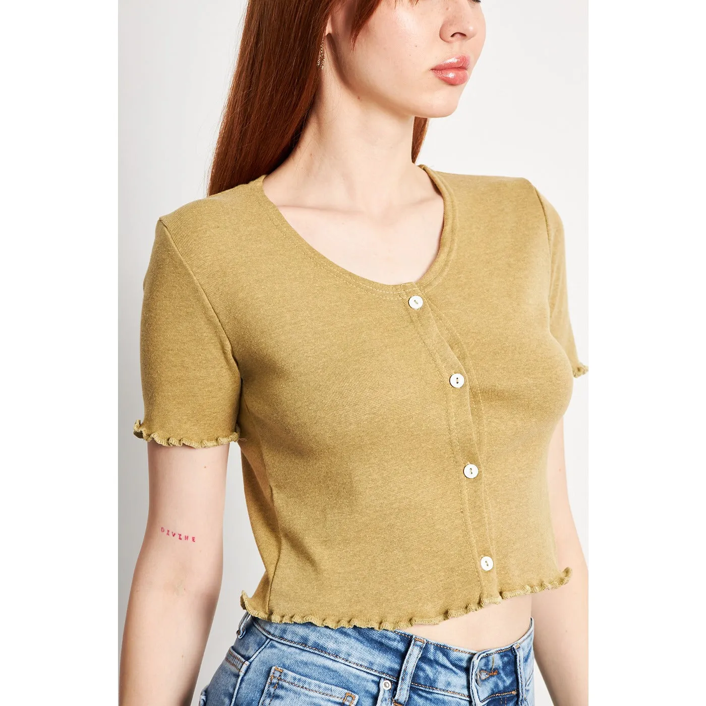 Green Melange Button Down Crop Top