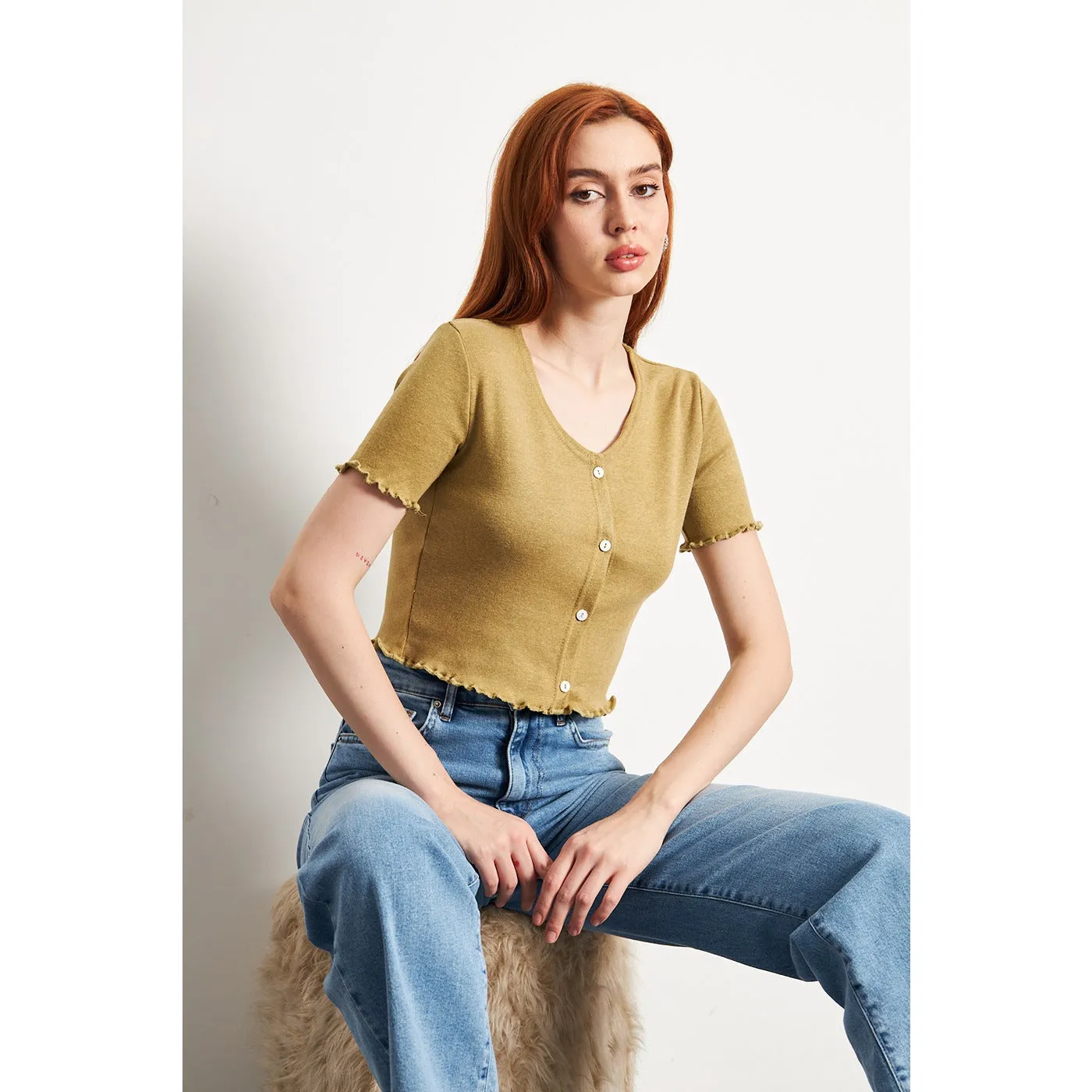 Green Melange Button Down Crop Top