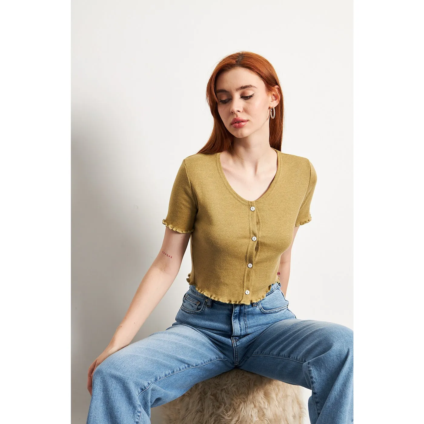 Green Melange Button Down Crop Top