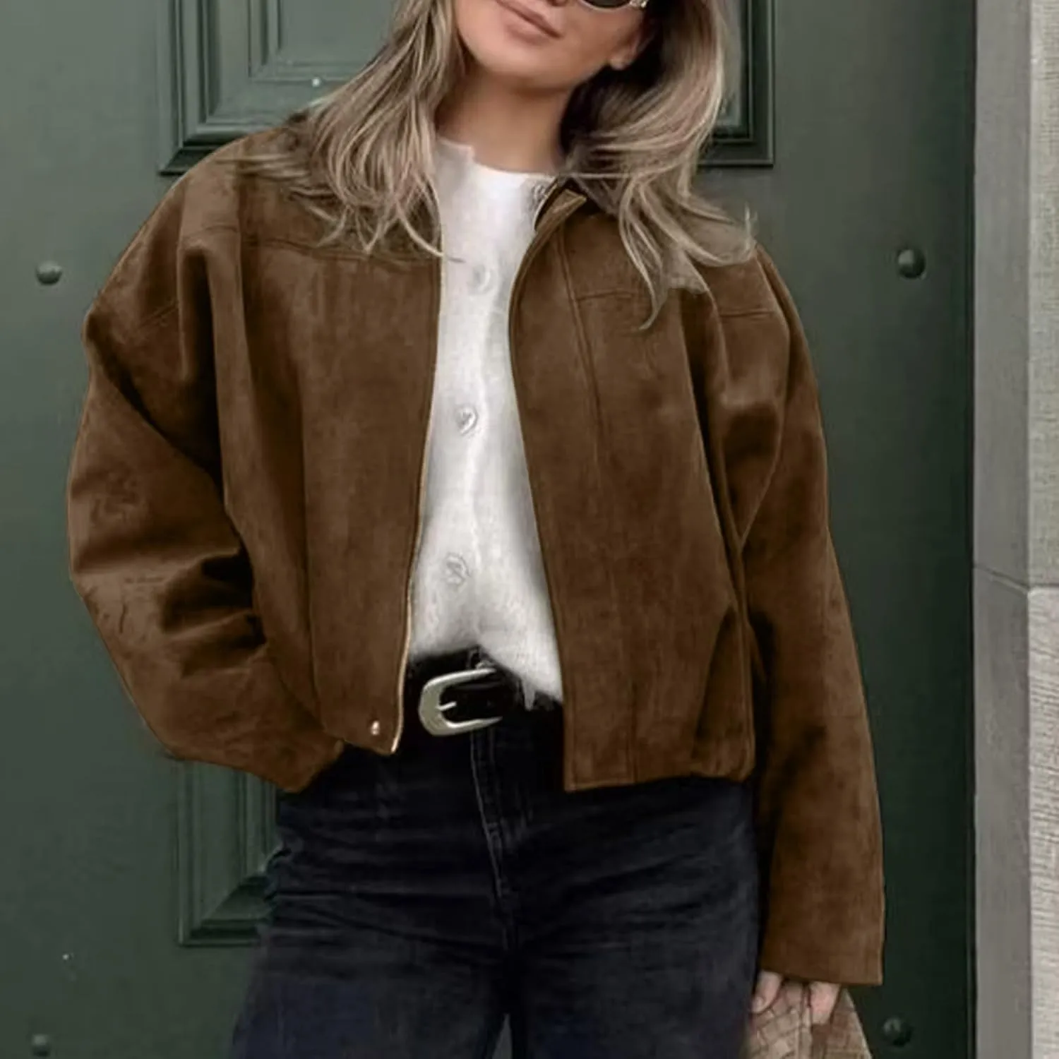 HOTIAN Women's Faux Suede Bomber Jacket Zipper Pilot Coat Casual Lapel Oversized Long Sleeves Y2K Outerwear Coats