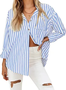 HOTOUCH Women's Striped Button Down Shirts Casual Long Sleeve Boyfriend Loose Collared Blouses Tops