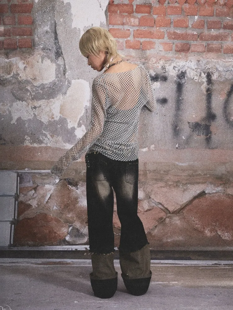 Large Neckline Mesh Long Sleeve Tops【s0000003438】