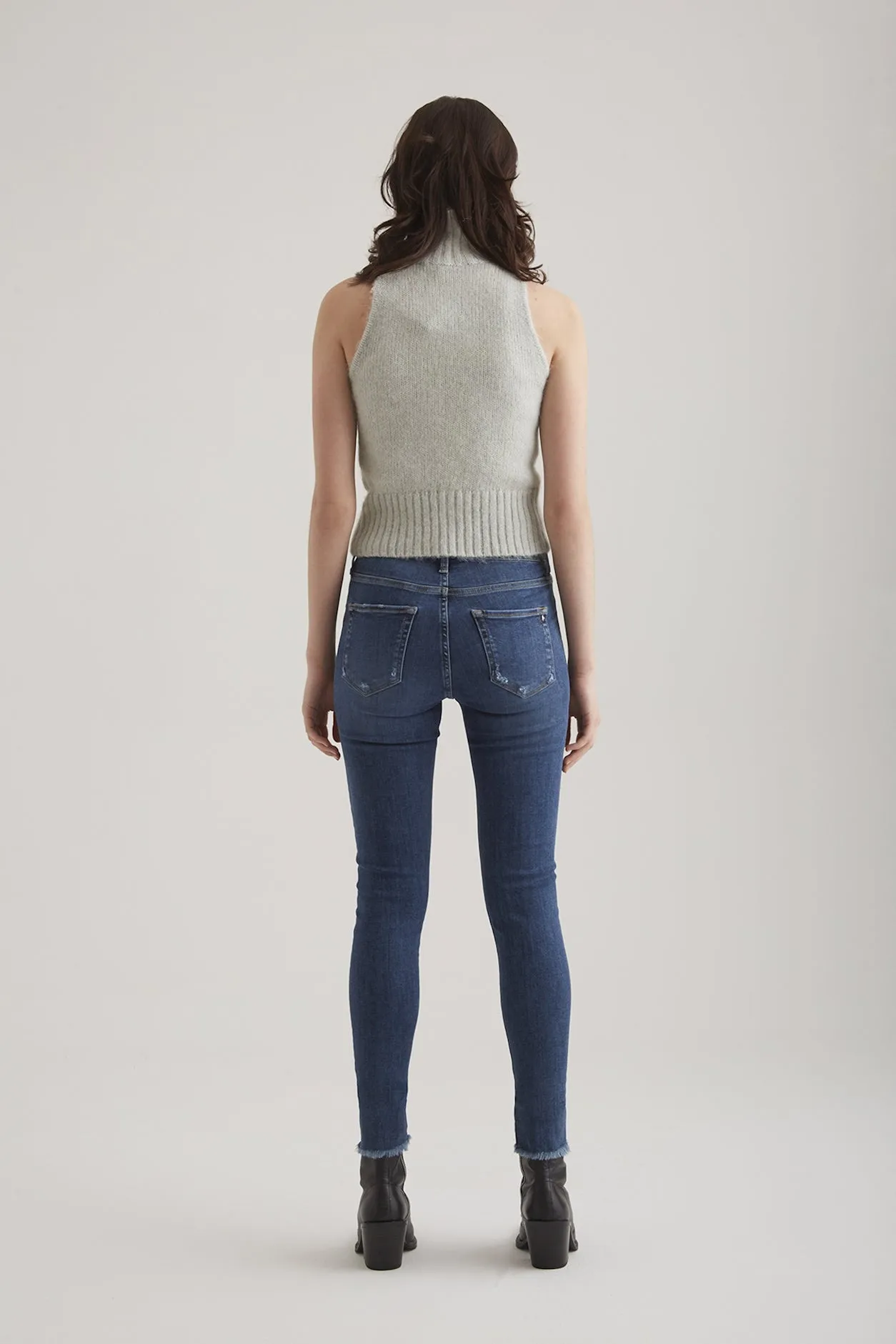 Lina High Waist 5 Pocket Ankle Jeans Dark Blue Fringe
