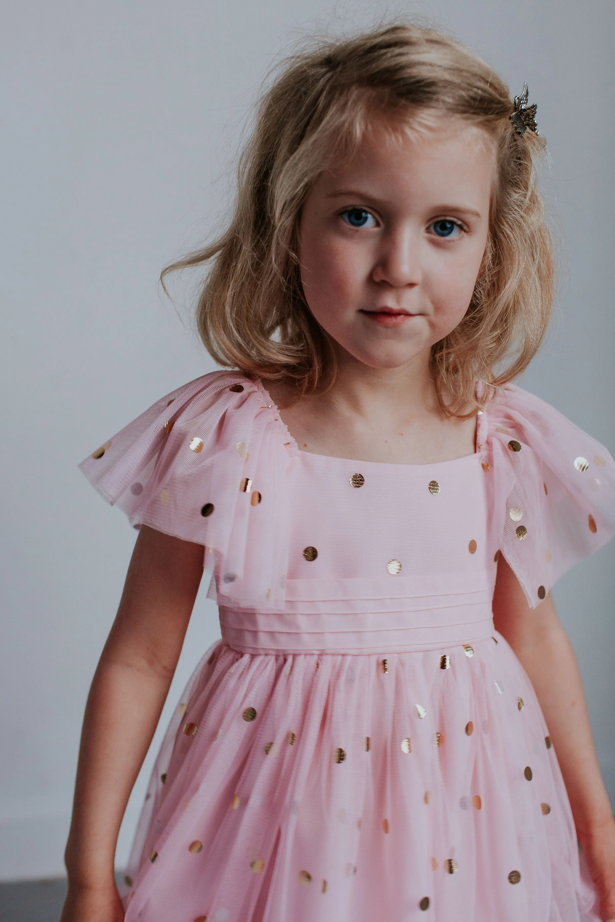 Little Girl's Pink Tulle Dress with Gold Polka Dots