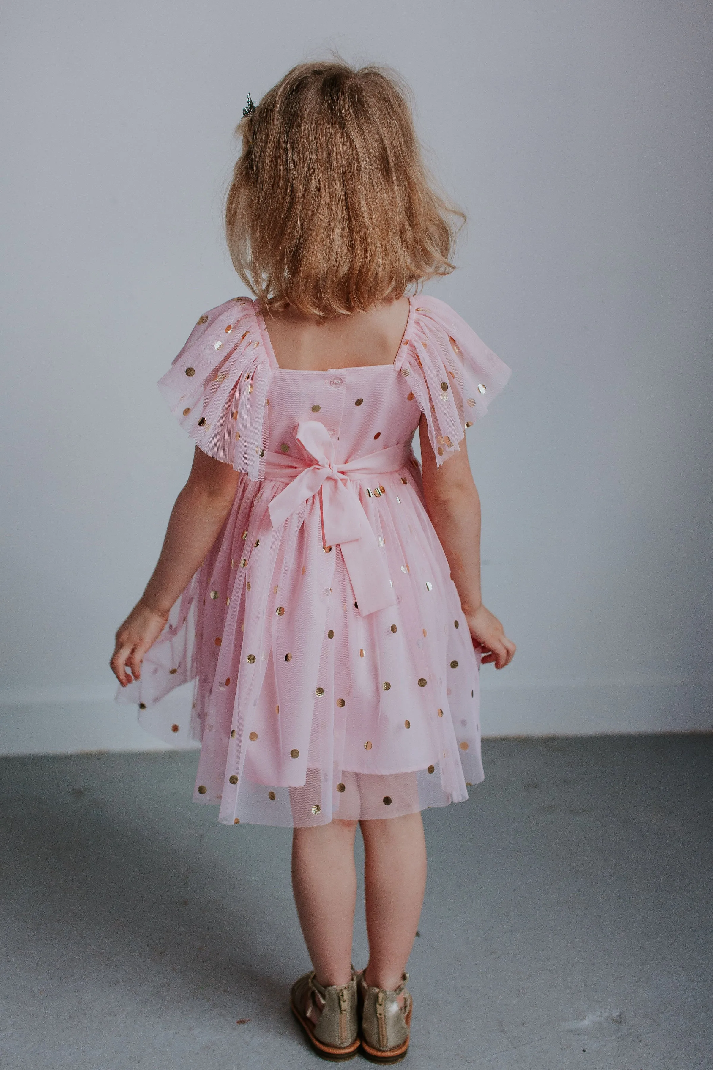 Little Girl's Pink Tulle Dress with Gold Polka Dots