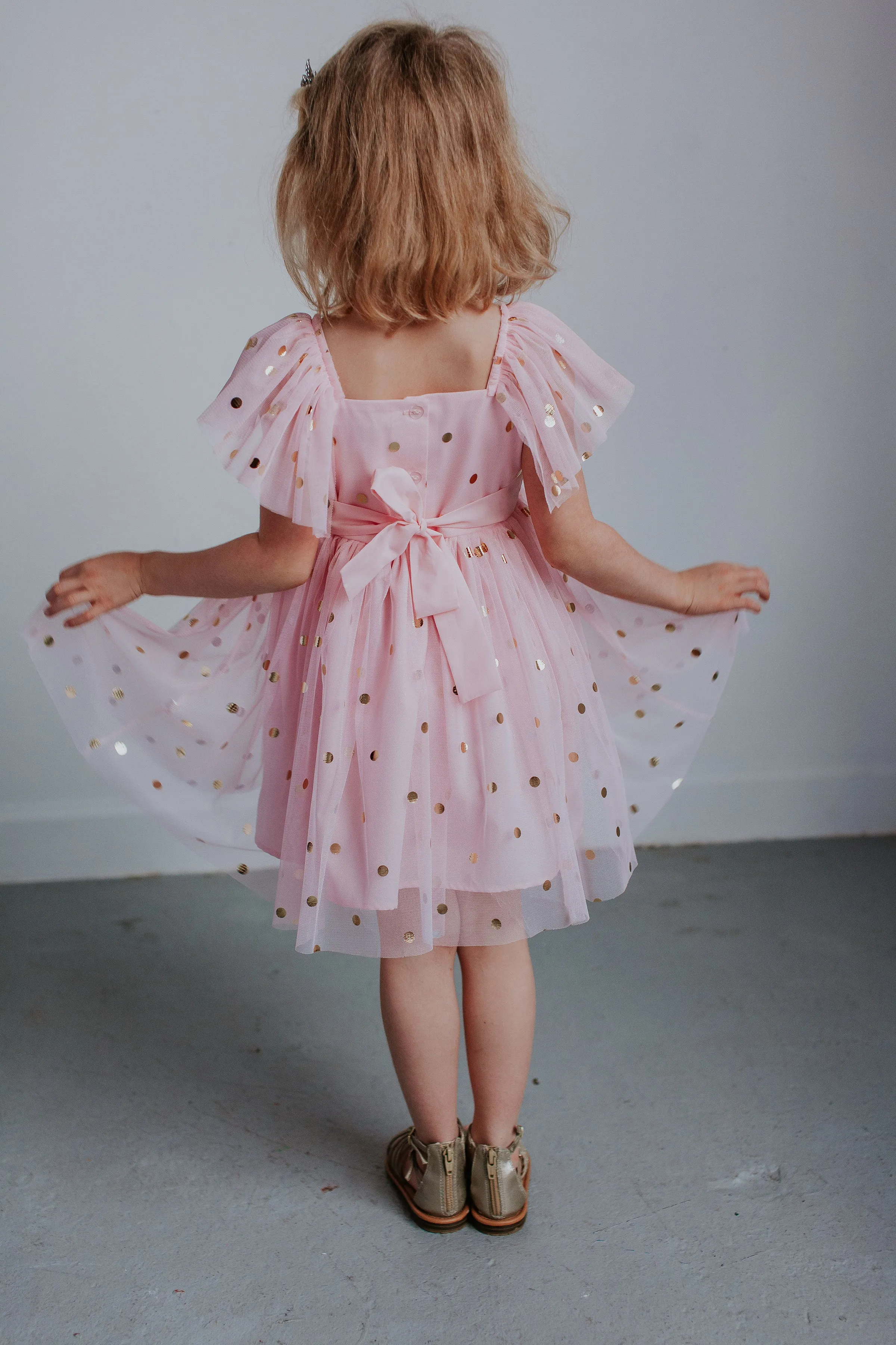 Little Girl's Pink Tulle Dress with Gold Polka Dots