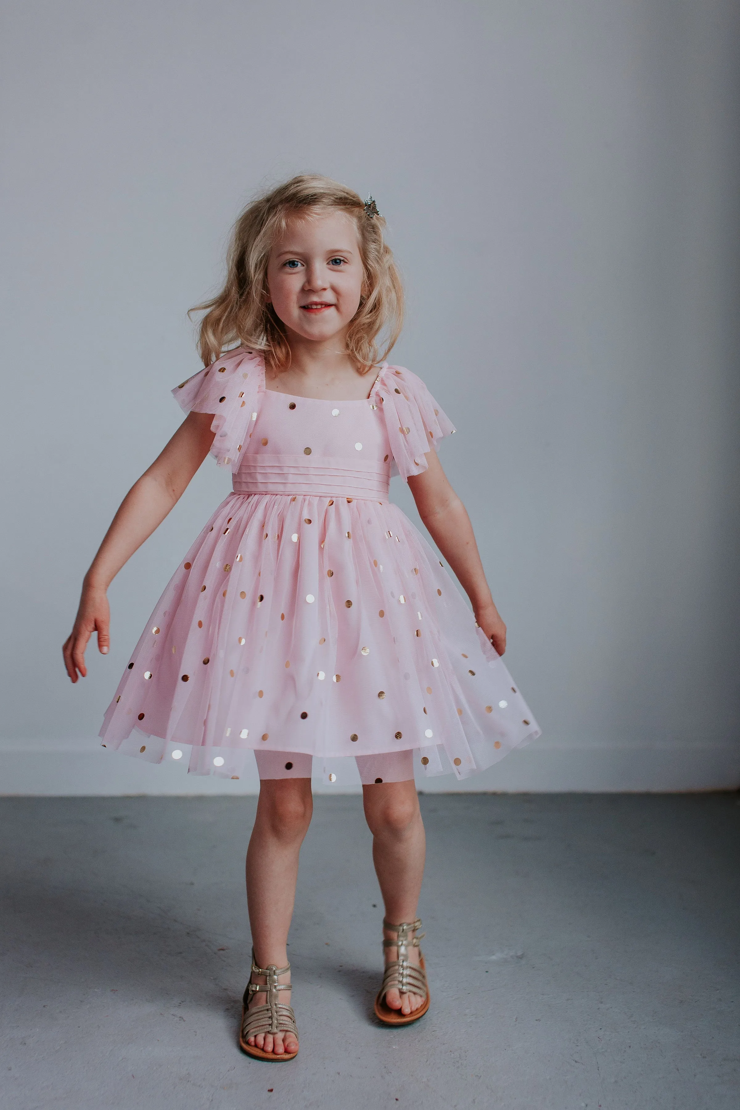 Little Girl's Pink Tulle Dress with Gold Polka Dots