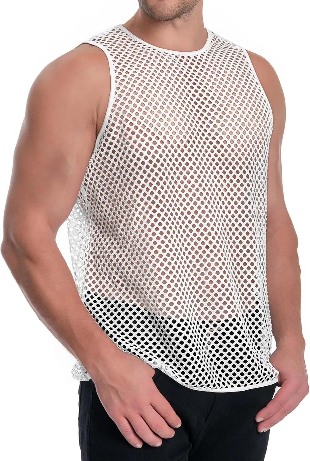 Men's Mesh Fishnet Muscle Top See Through Shirts Fitted Crew Neck Tee Clubwear