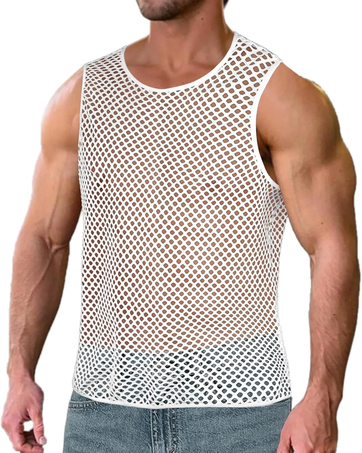 Men's Mesh Fishnet Muscle Top See Through Shirts Fitted Crew Neck Tee Clubwear