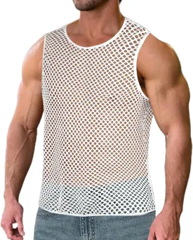 Men's Mesh Fishnet Muscle Top See Through Shirts Fitted Crew Neck Tee Clubwear