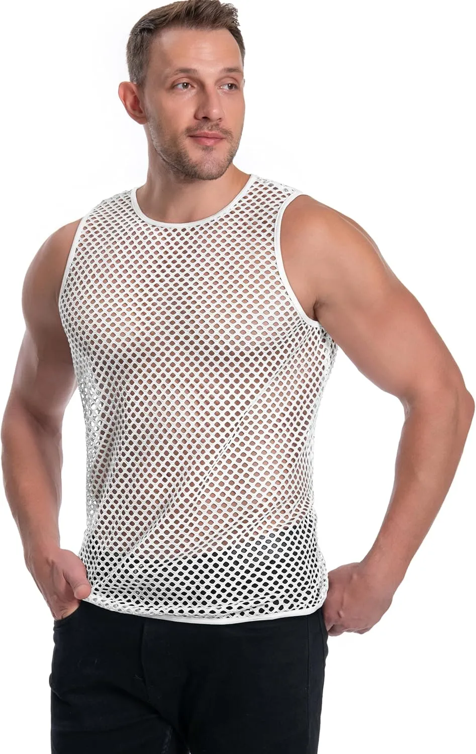 Men's Mesh Fishnet Muscle Top See Through Shirts Fitted Crew Neck Tee Clubwear