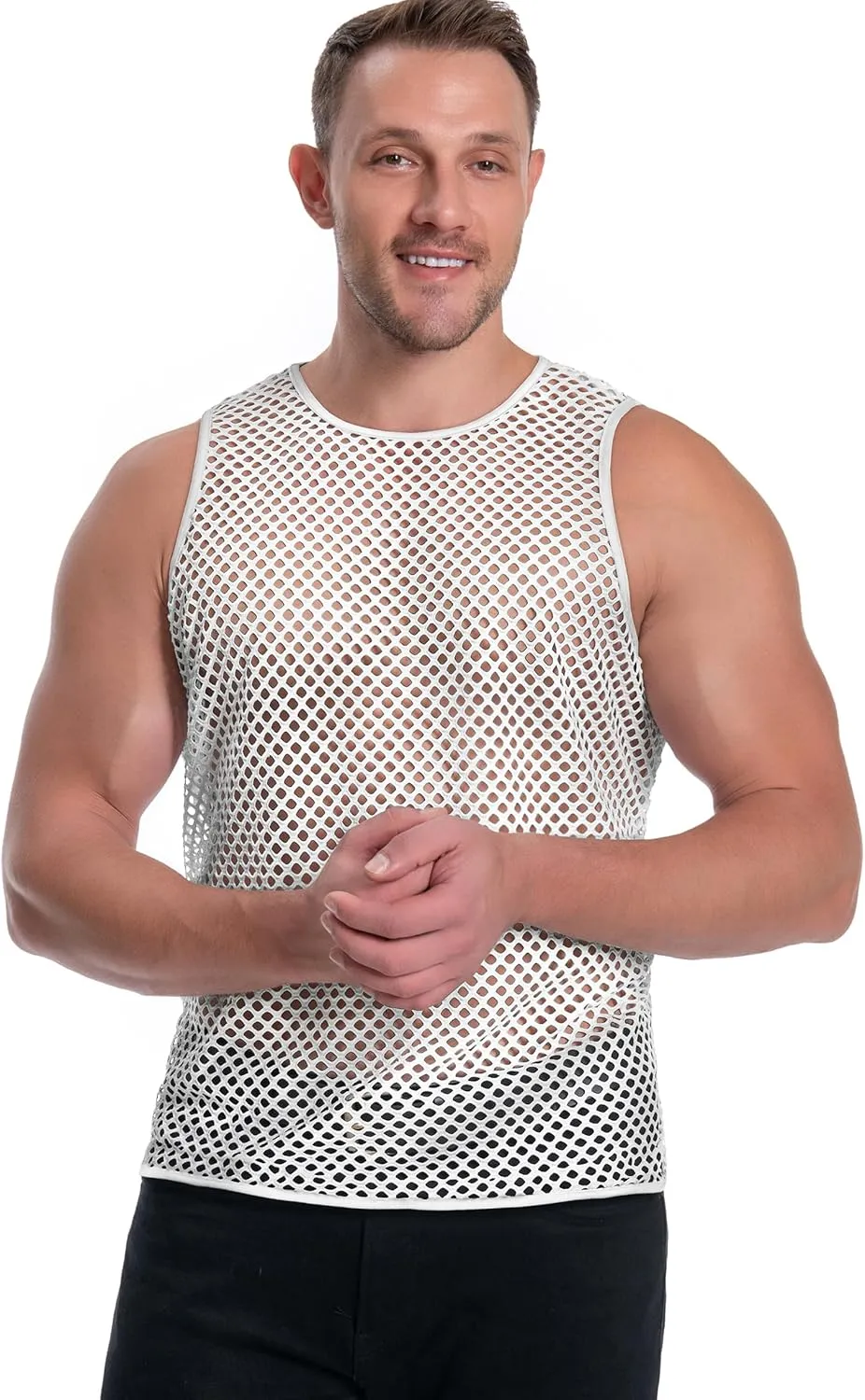 Men's Mesh Fishnet Muscle Top See Through Shirts Fitted Crew Neck Tee Clubwear