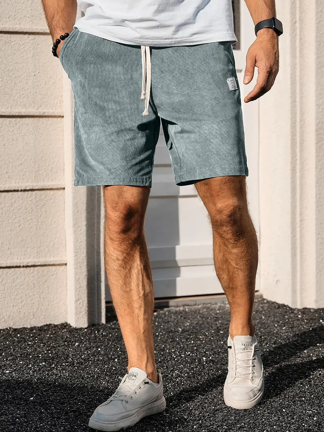 PLEPAN Mens Shorts 7 inch Corduroy Casual Short Drawstring Elastic Waist Lightweight Summer Beach Shorts Loose Fit