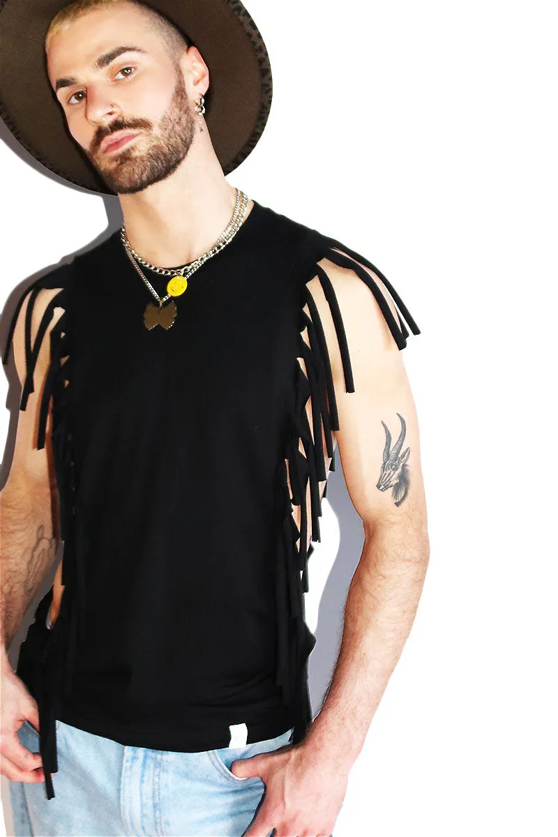 Rocker Vibes Fringe Low Arm Tank- Black