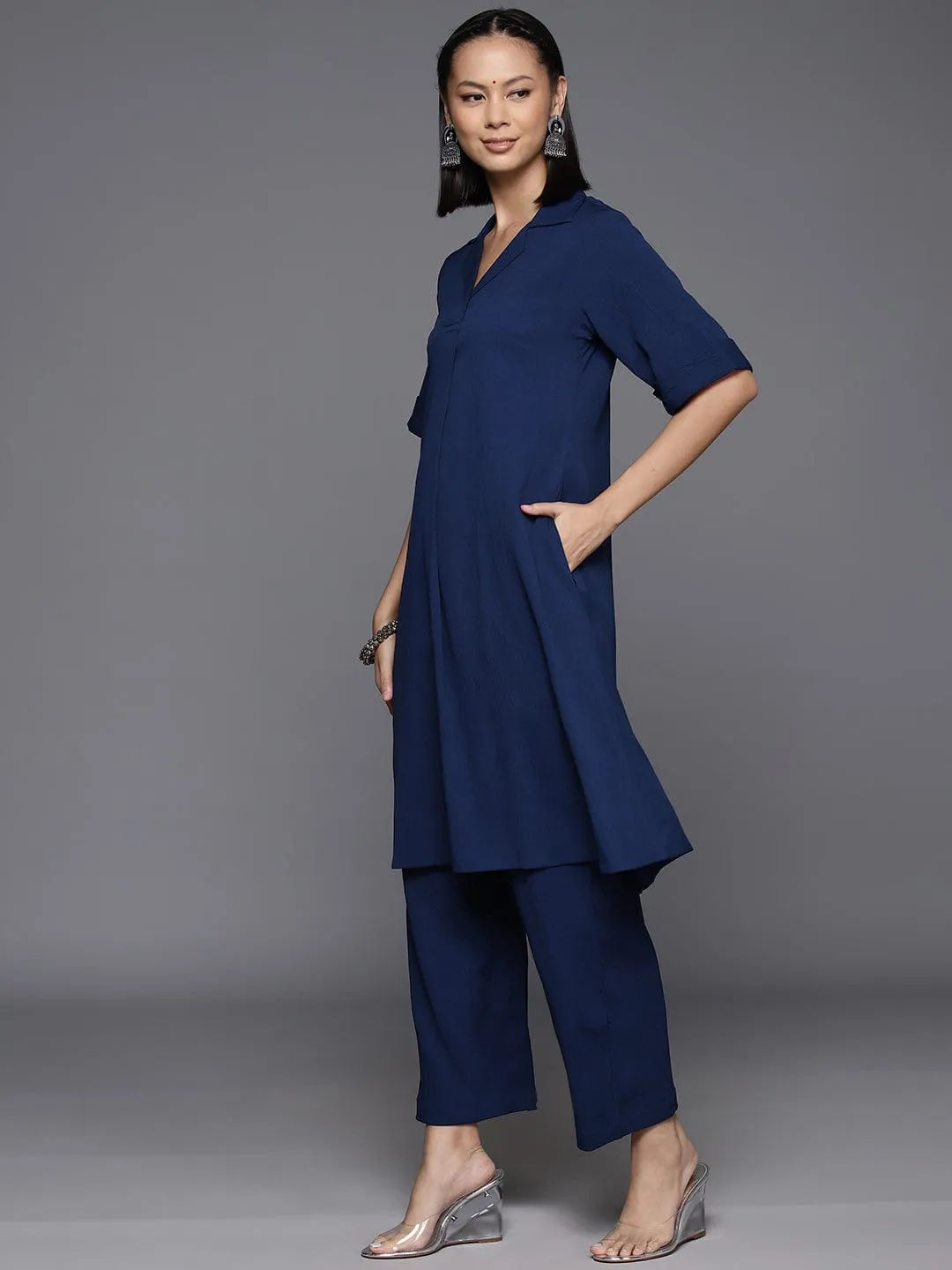Varanga Womenwomennavy Blue Shirt Collar, Flared Sleeves, Paired With Tonal Bottom.