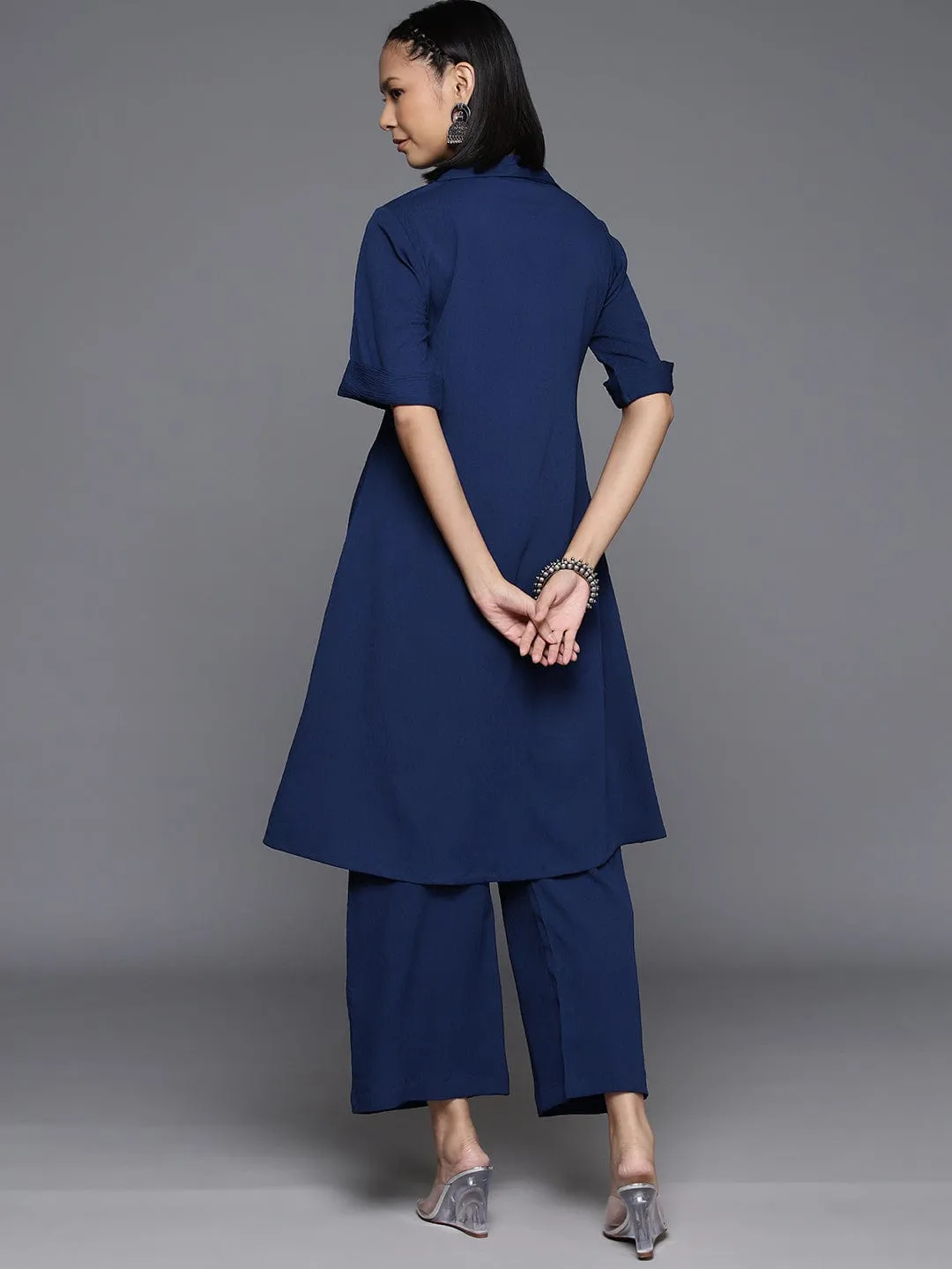 Varanga Womenwomennavy Blue Shirt Collar, Flared Sleeves, Paired With Tonal Bottom.