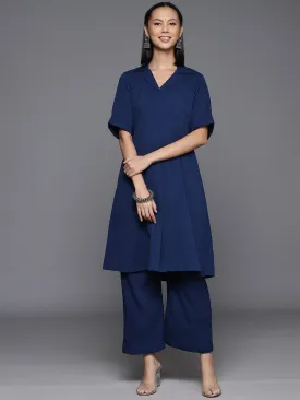 Varanga Womenwomennavy Blue Shirt Collar, Flared Sleeves, Paired With Tonal Bottom.
