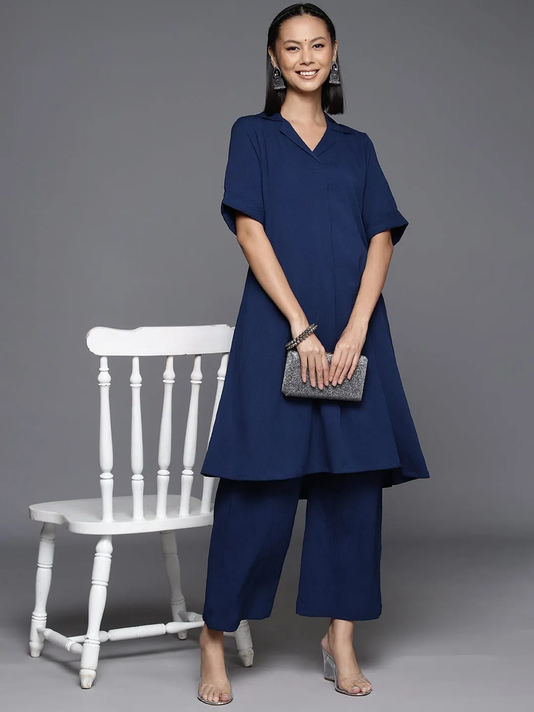 Varanga Womenwomennavy Blue Shirt Collar, Flared Sleeves, Paired With Tonal Bottom.