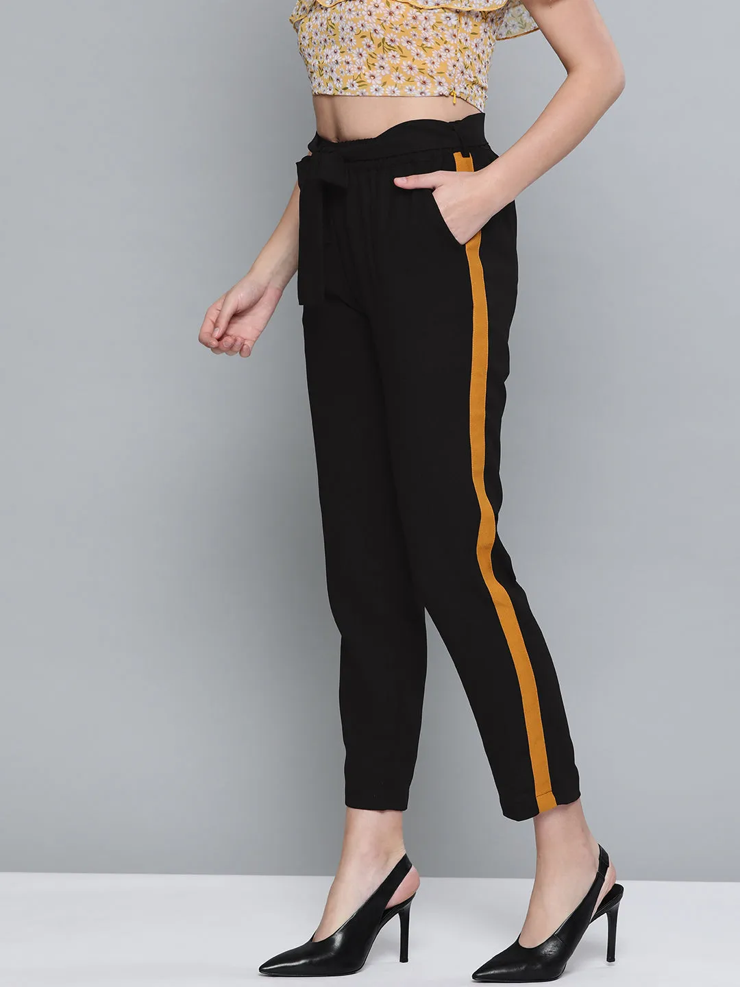 Women Black Side Tape Detail Tapered Pants