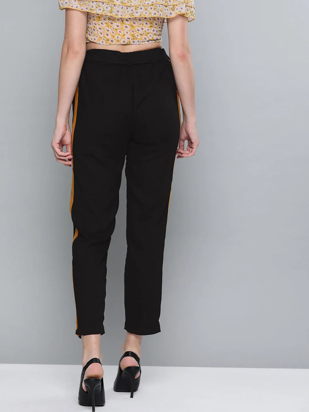 Women Black Side Tape Detail Tapered Pants