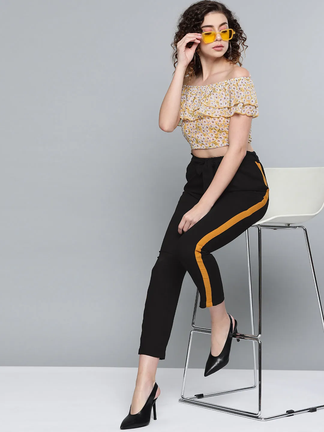 Women Black Side Tape Detail Tapered Pants