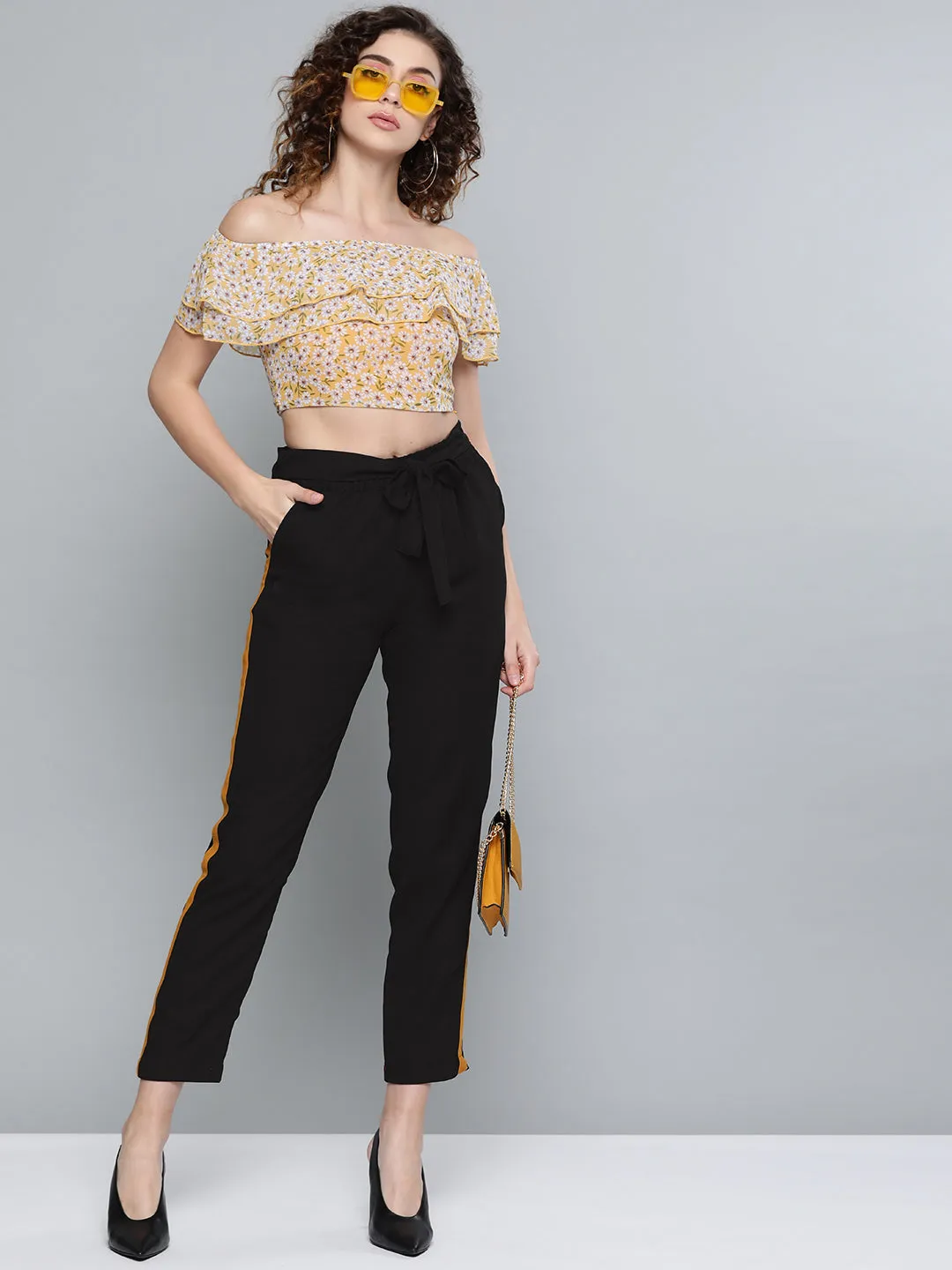 Women Black Side Tape Detail Tapered Pants