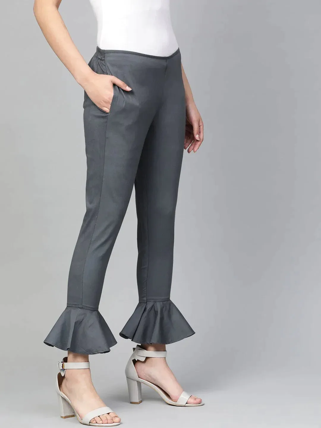 Women Grey Smart Fit Solid Bottom Flared Trousers
