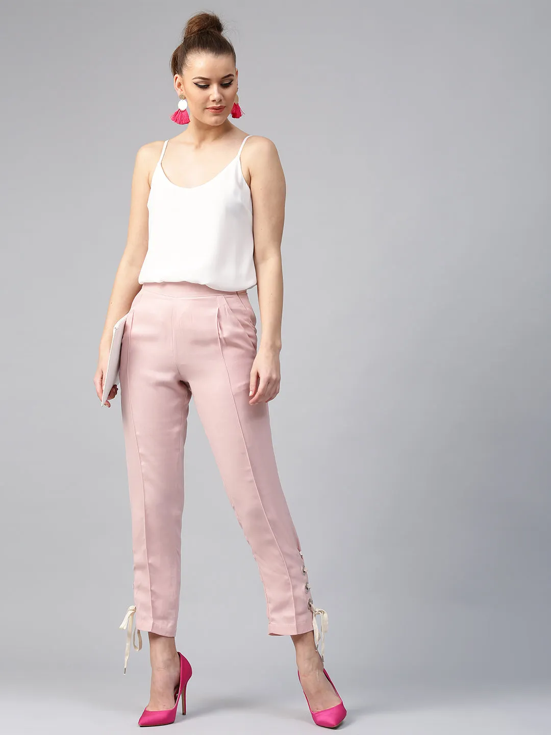 Women Pink Tapered Pants With Eyelets