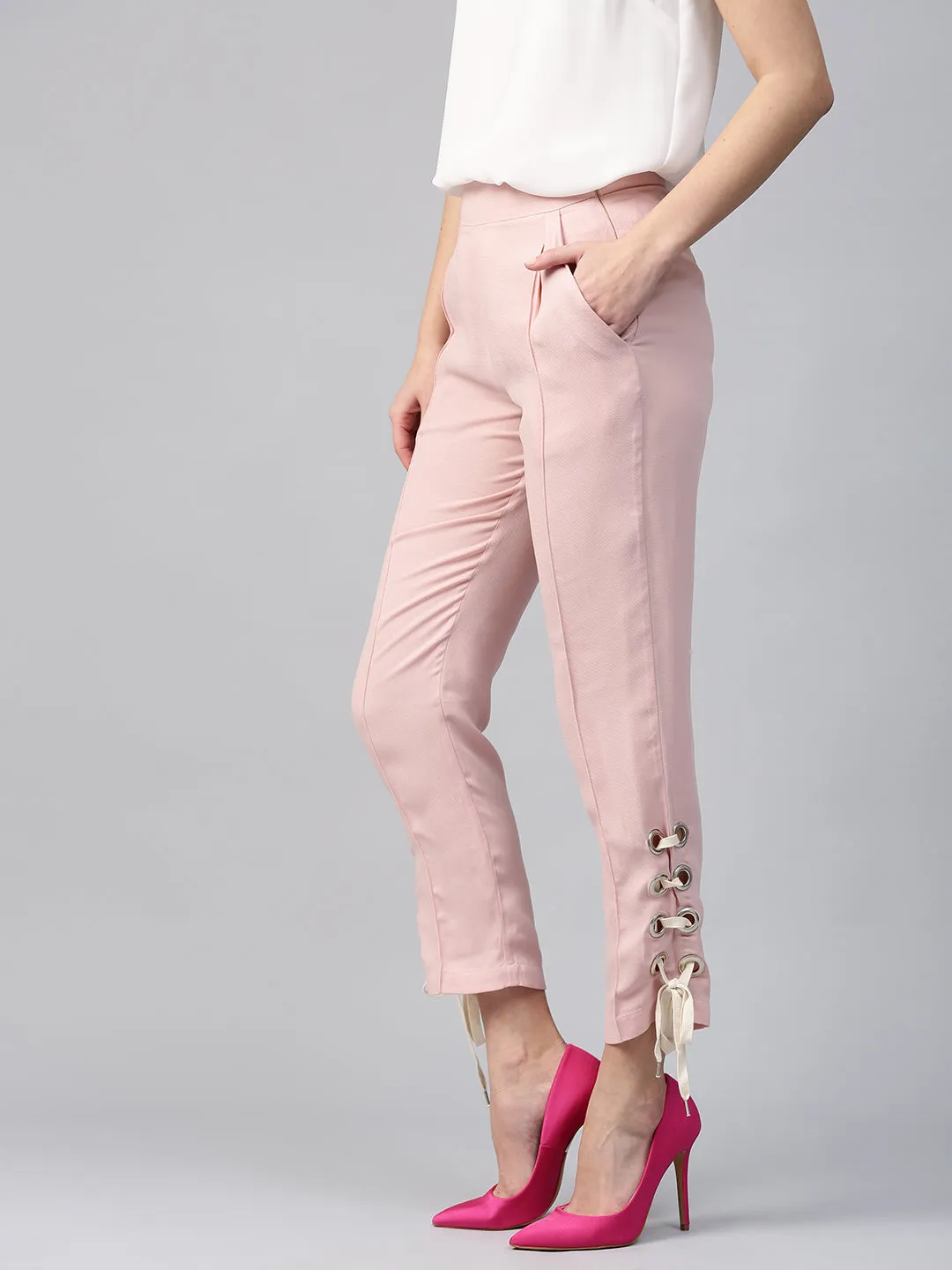 Women Pink Tapered Pants With Eyelets