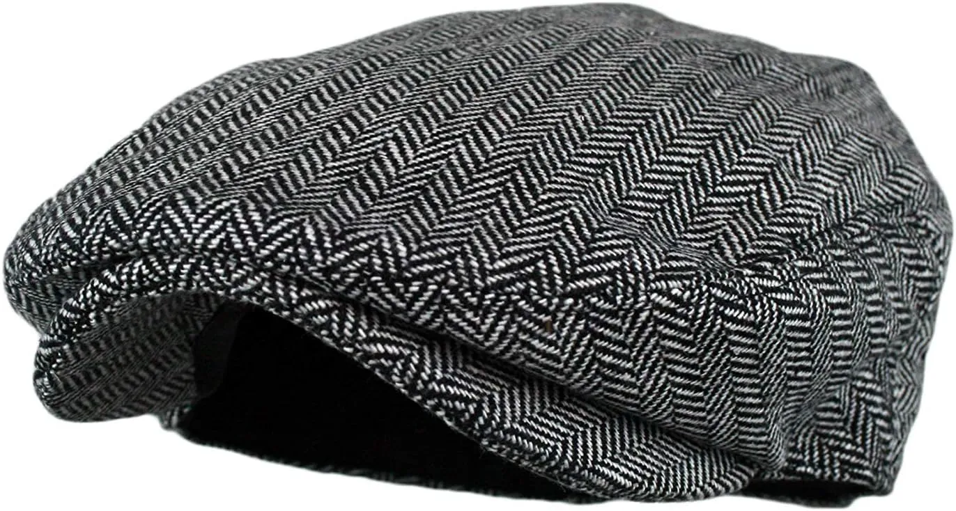 Wonderful Fashion Men's Classic Herringbone Tweed Wool Blend Newsboy Ivy Hat (Large/X-Large, Charcoal)